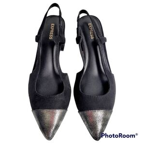 Express Black Silver Cap Pointed Toe Sling Back Block Heels Size 6